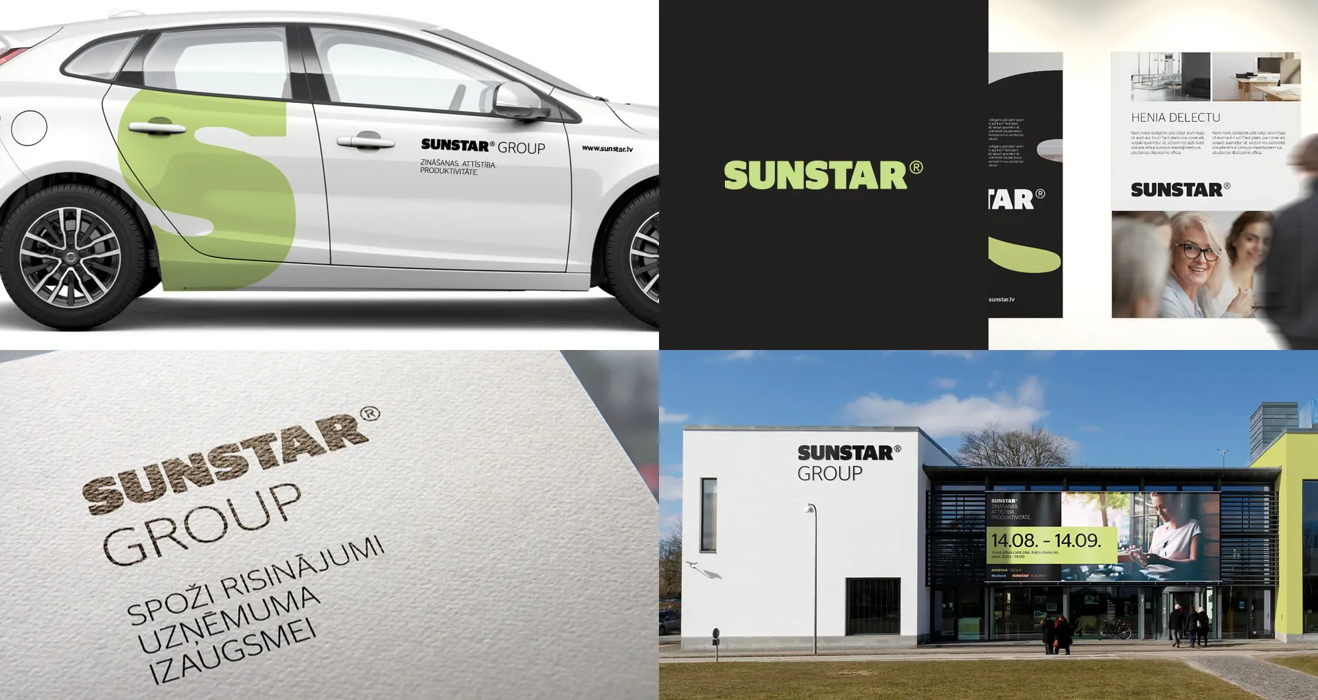 SUNSTAR GROUP. Pilna cikla darba aizsardzības pakalpojumu zīmola vizuālā identitāte.